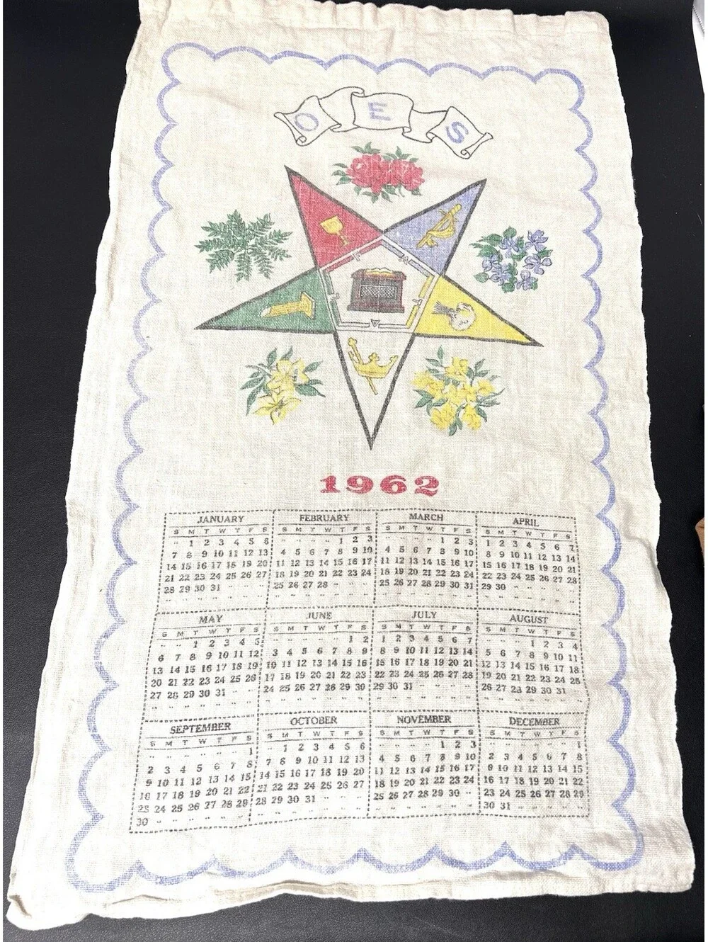 1962 Eastern Star OES Calendar Tea Towel Linen Hand Kitchen Steven’s Linens